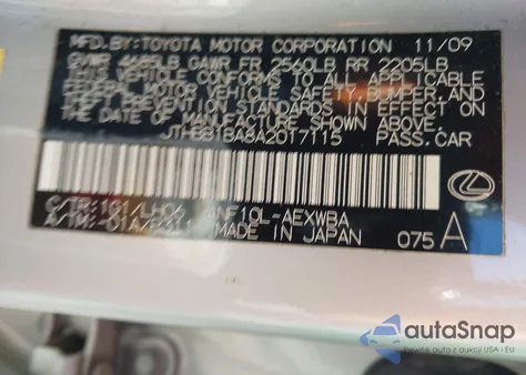 2010 Lexus Hs 250H Premium z USA, uszkodzony, nr VIN JTHBB1BA8A2017115